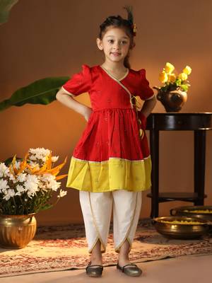  girls' red and cream dhoti kurta set 1