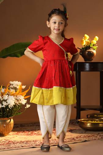  girls' red and cream dhoti kurta set