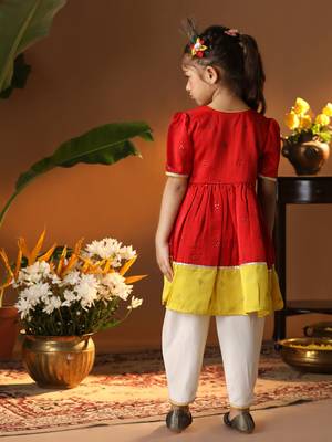  girls' red and cream dhoti kurta set 3