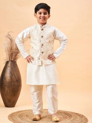  boys' beige and cream jacket, kurta and pyjama set 1
