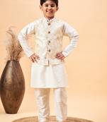  boys' beige and cream jacket, kurta and pyjama set