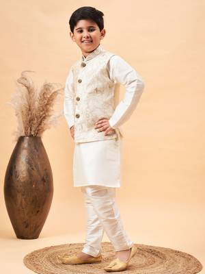  boys' beige and cream jacket, kurta and pyjama set 2