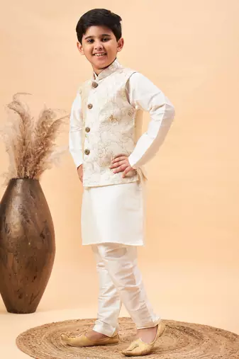  boys' beige and cream jacket, kurta and pyjama set