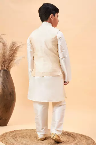  boys' beige and cream jacket, kurta and pyjama set