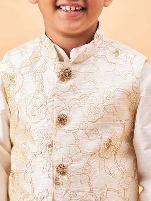  boys' beige and cream jacket, kurta and pyjama set 4
