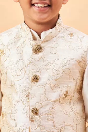  boys' beige and cream jacket, kurta and pyjama set