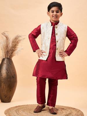  boys' beige and maroon jacket, kurta and pyjama set 1