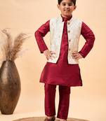  boys' beige and maroon jacket, kurta and pyjama set