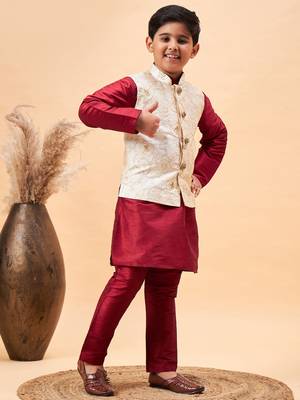  boys' beige and maroon jacket, kurta and pyjama set 2
