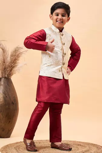  boys' beige and maroon jacket, kurta and pyjama set