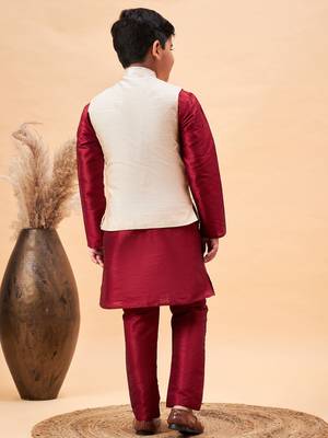  boys' beige and maroon jacket, kurta and pyjama set 3