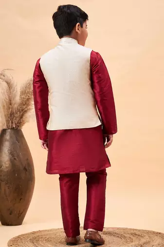  boys' beige and maroon jacket, kurta and pyjama set