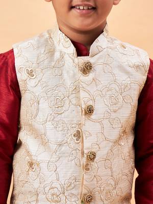  boys' beige and maroon jacket, kurta and pyjama set 4