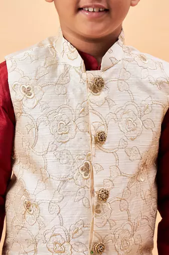  boys' beige and maroon jacket, kurta and pyjama set