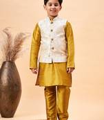  boys' beige and mustard jacket, kurta and pyjama set