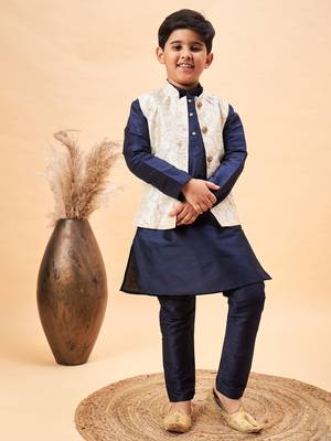  boys' beige and navy blue jacket, kurta and pyjama set 1