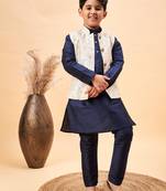  boys' beige and navy blue jacket, kurta and pyjama set
