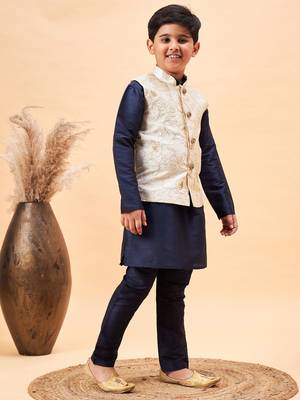 boys' beige and navy blue jacket, kurta and pyjama set 2