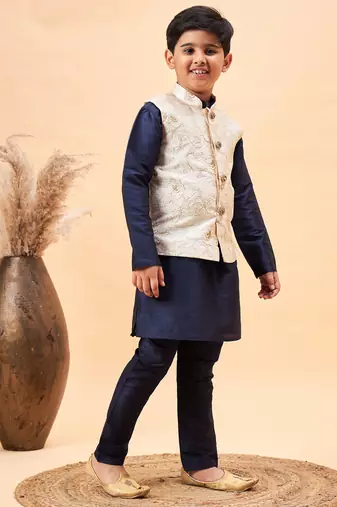  boys' beige and navy blue jacket, kurta and pyjama set