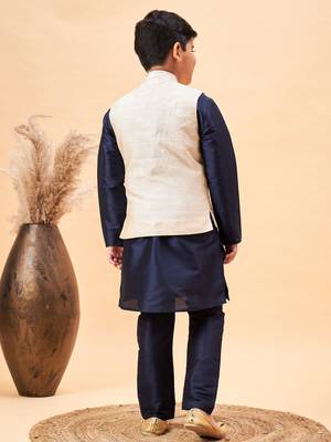  boys' beige and navy blue jacket, kurta and pyjama set 3