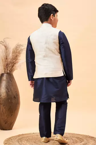  boys' beige and navy blue jacket, kurta and pyjama set