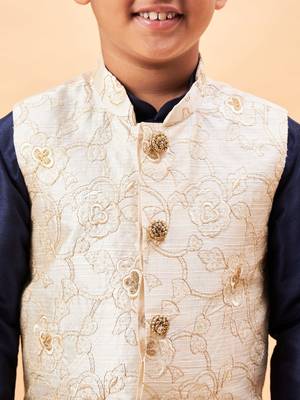  boys' beige and navy blue jacket, kurta and pyjama set 4