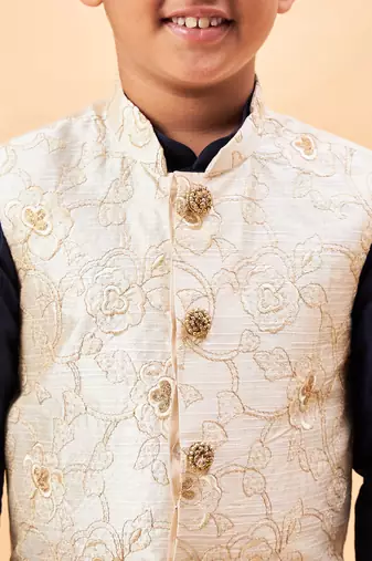  boys' beige and navy blue jacket, kurta and pyjama set