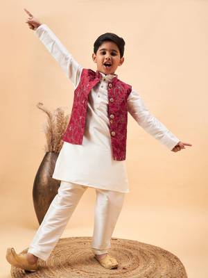 maroon and cream jacket, kurta and pyjama set 1