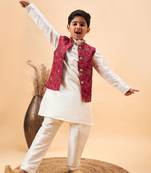 maroon and cream jacket, kurta and pyjama set