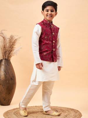 maroon and cream jacket, kurta and pyjama set 2