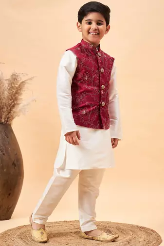 maroon and cream jacket, kurta and pyjama set