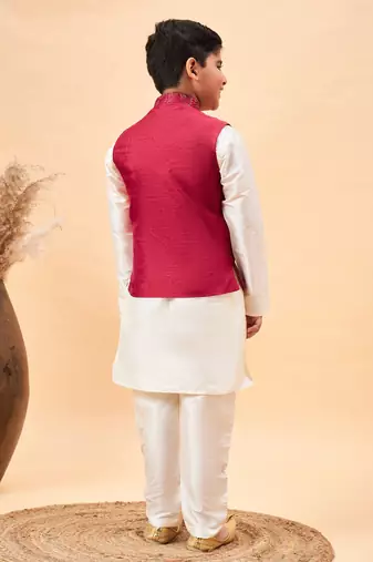 maroon and cream jacket, kurta and pyjama set