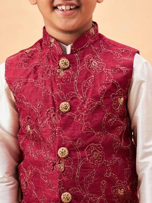 maroon and cream jacket, kurta and pyjama set 4