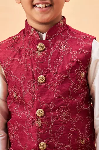 maroon and cream jacket, kurta and pyjama set