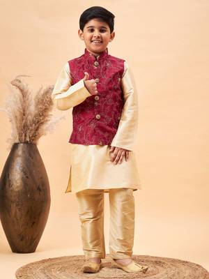 maroon and gold jacket, kurta and pyjama set 1