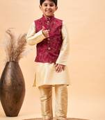 maroon and gold jacket, kurta and pyjama set