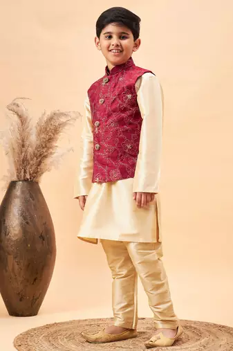 maroon and gold jacket, kurta and pyjama set