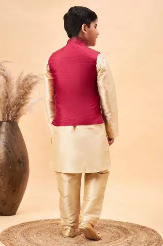 maroon and gold jacket, kurta and pyjama set