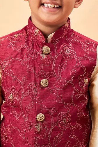 maroon and gold jacket, kurta and pyjama set