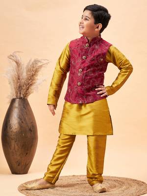 maroon and mustard jacket, kurta and pyjama set 1