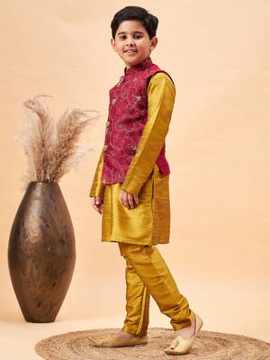 maroon and mustard jacket, kurta and pyjama set 2
