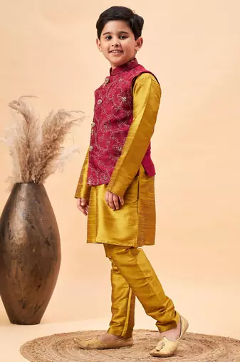 maroon and mustard jacket, kurta and pyjama set