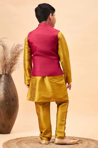 maroon and mustard jacket, kurta and pyjama set
