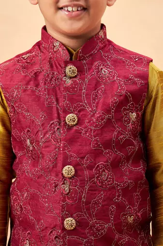 maroon and mustard jacket, kurta and pyjama set