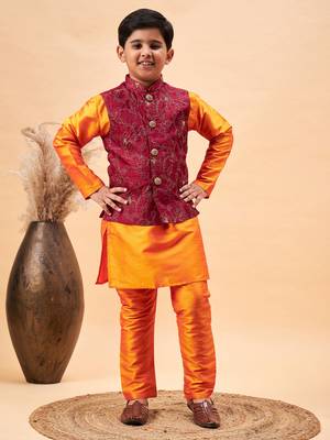 maroon nehru jacket and orange kurta and pyjama set 1