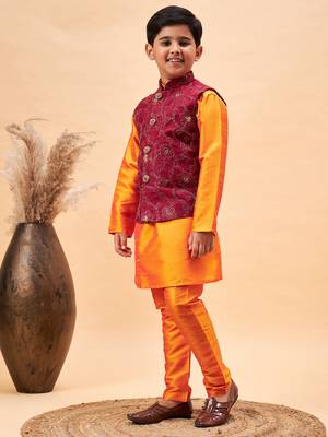 maroon nehru jacket and orange kurta and pyjama set 2