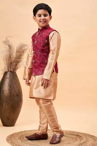 maroon nehru jacket,and rose gold kurta and pyjama set