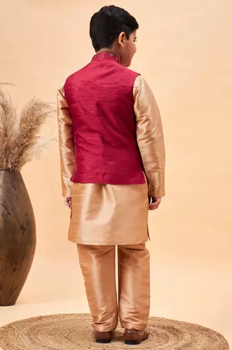maroon nehru jacket,and rose gold kurta and pyjama set