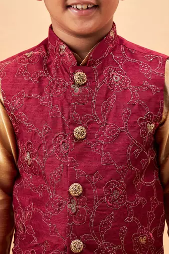 maroon nehru jacket,and rose gold kurta and pyjama set