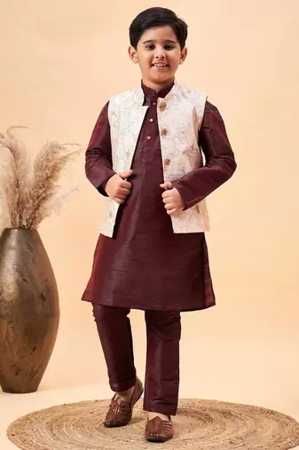  boys' beige and wine jacket, kurta and pyjama set